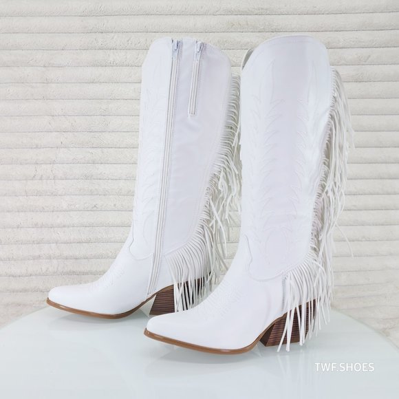 Dusty Roads Bright White Back Fringe Cowboy Western Cowgirl Boots Tuck Zipper - Picture 5 of 13